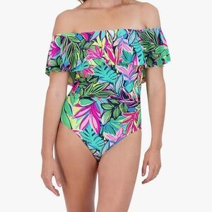 Caribbean Joe Tropical Floral Off-Shoulder One Piece